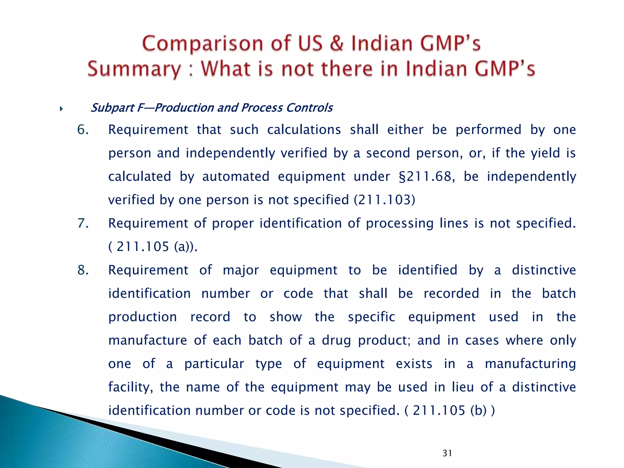 31
 Subpart F—Production and Process Controls
6. Requirement that such calculations shall either be performed by one
person and independently verified by a second person, or, if the yield is
calculated by automated equipment under §211.68, be independently
verified by one person is not specified (211.103)
7. Requirement of proper identification of processing lines is not specified.
( 211.105 (a)).
8. Requirement of major equipment to be identified by a distinctive
identification number or code that shall be recorded in the batch
production record to show the specific equipment used in the
manufacture of each batch of a drug product; and in cases where only
one of a particular type of equipment exists in a manufacturing
facility, the name of the equipment may be used in lieu of a distinctive
identification number or code is not specified. ( 211.105 (b) )
 