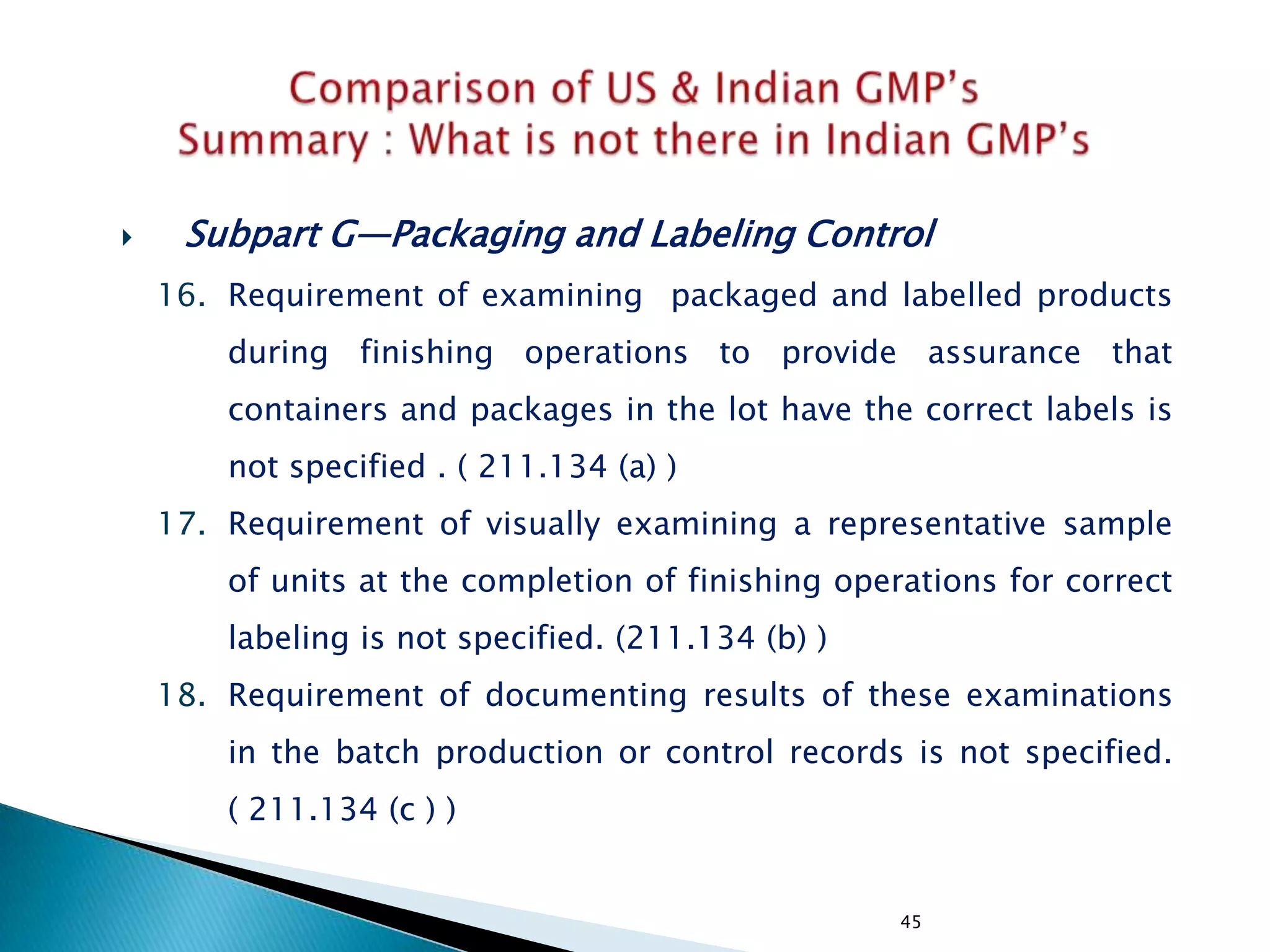 45
 Subpart G—Packaging and Labeling Control
16. Requirement of examining packaged and labelled products
during finishing operations to provide assurance that
containers and packages in the lot have the correct labels is
not specified . ( 211.134 (a) )
17. Requirement of visually examining a representative sample
of units at the completion of finishing operations for correct
labeling is not specified. (211.134 (b) )
18. Requirement of documenting results of these examinations
in the batch production or control records is not specified.
( 211.134 (c ) )
 