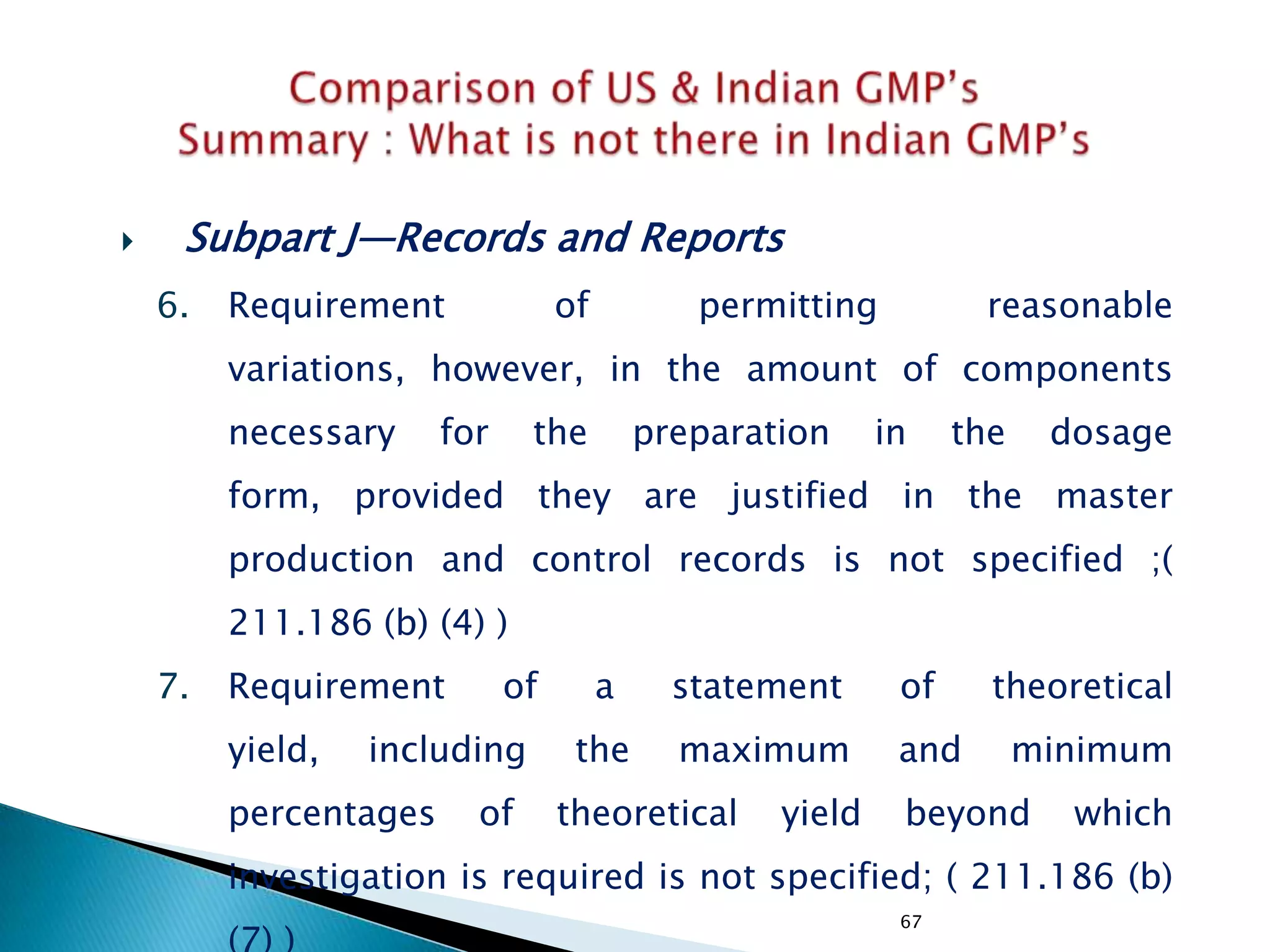 67
 Subpart J—Records and Reports
6. Requirement of permitting reasonable
variations, however, in the amount of components
necessary for the preparation in the dosage
form, provided they are justified in the master
production and control records is not specified ;(
211.186 (b) (4) )
7. Requirement of a statement of theoretical
yield, including the maximum and minimum
percentages of theoretical yield beyond which
investigation is required is not specified; ( 211.186 (b)
 