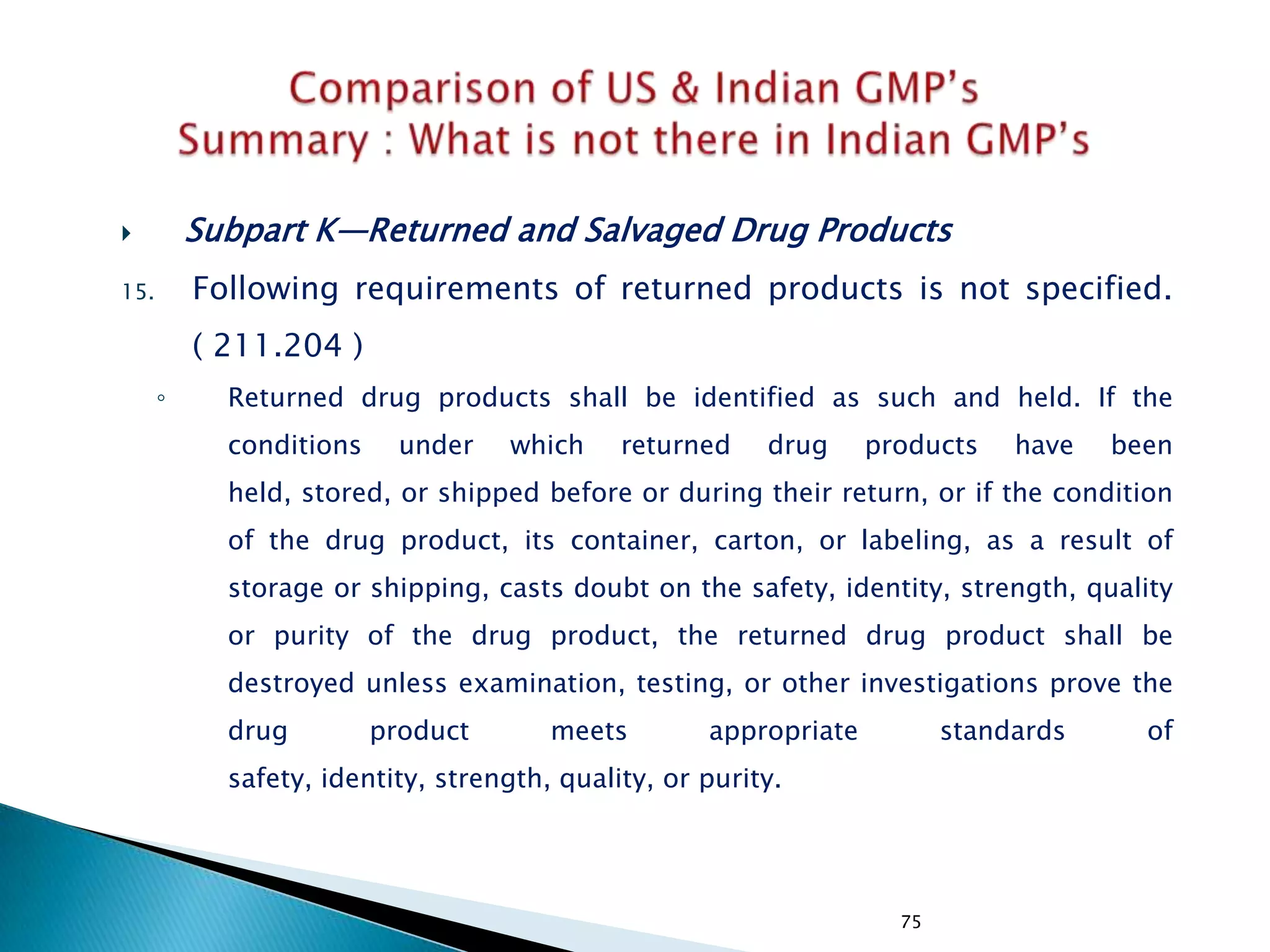 75
 Subpart K—Returned and Salvaged Drug Products
15. Following requirements of returned products is not specified.
( 211.204 )
◦ Returned drug products shall be identified as such and held. If the
conditions under which returned drug products have been
held, stored, or shipped before or during their return, or if the condition
of the drug product, its container, carton, or labeling, as a result of
storage or shipping, casts doubt on the safety, identity, strength, quality
or purity of the drug product, the returned drug product shall be
destroyed unless examination, testing, or other investigations prove the
drug product meets appropriate standards of
safety, identity, strength, quality, or purity.
 