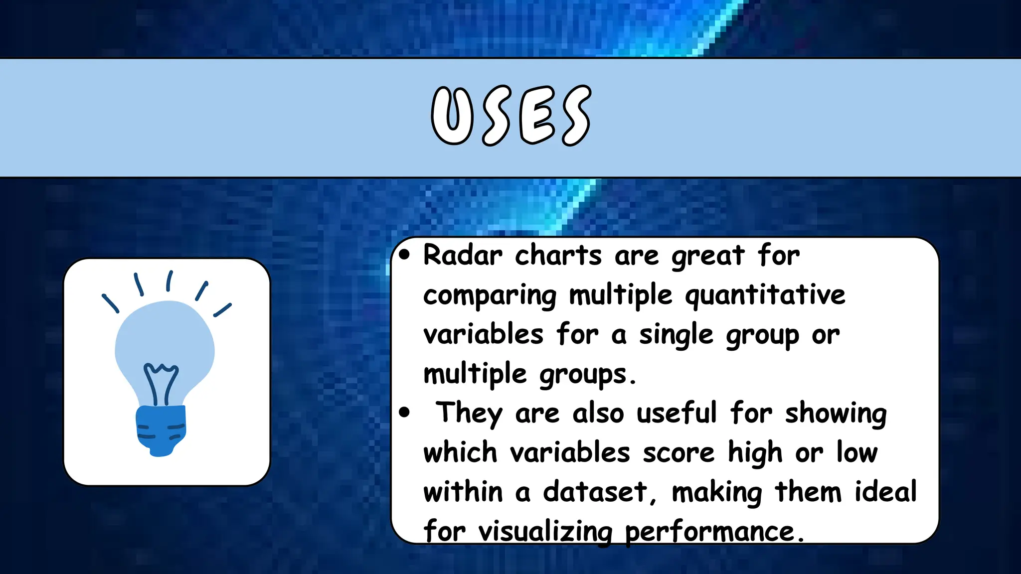 U S E S
U S E S
Radar charts are great for
comparing multiple quantitative
variables for a single group or
multiple groups.
They are also useful for showing
which variables score high or low
within a dataset, making them ideal
for visualizing performance.
 