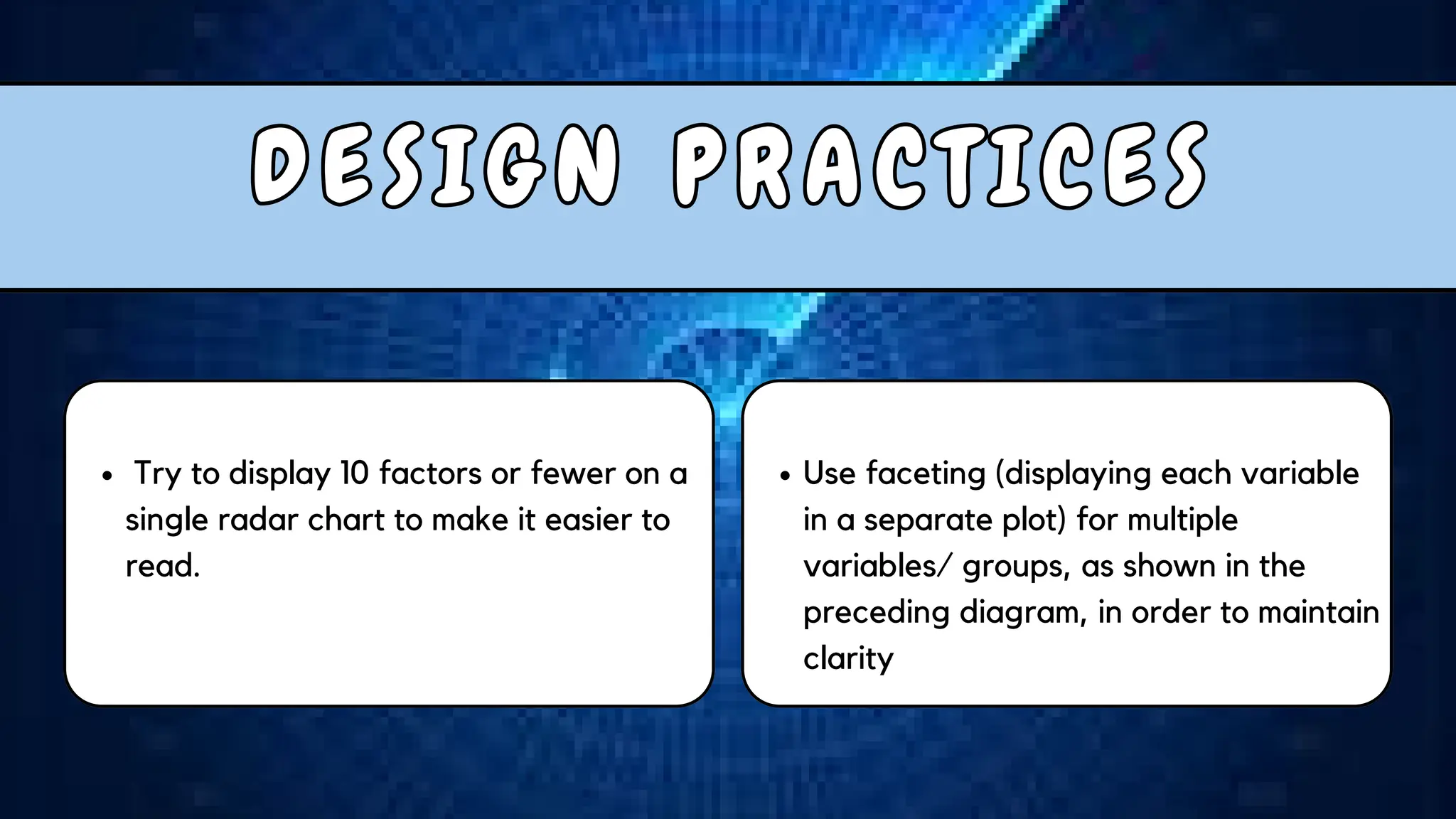 D E S I G N P R A C T I C E S
D E S I G N P R A C T I C E S
Use faceting (displaying each variable
in a separate plot) for multiple
variables/ groups, as shown in the
preceding diagram, in order to maintain
clarity
Try to display 10 factors or fewer on a
single radar chart to make it easier to
read.
 