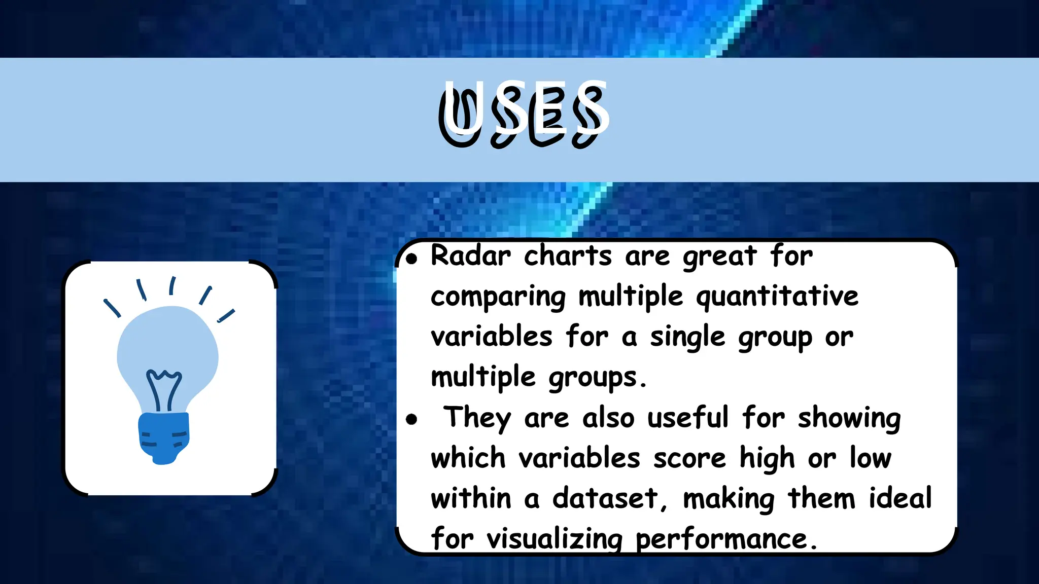 USES
Radar charts are great for
comparing multiple quantitative
variables for a single group or
multiple groups.
They are also useful for showing
which variables score high or low
within a dataset, making them ideal
for visualizing performance.
 