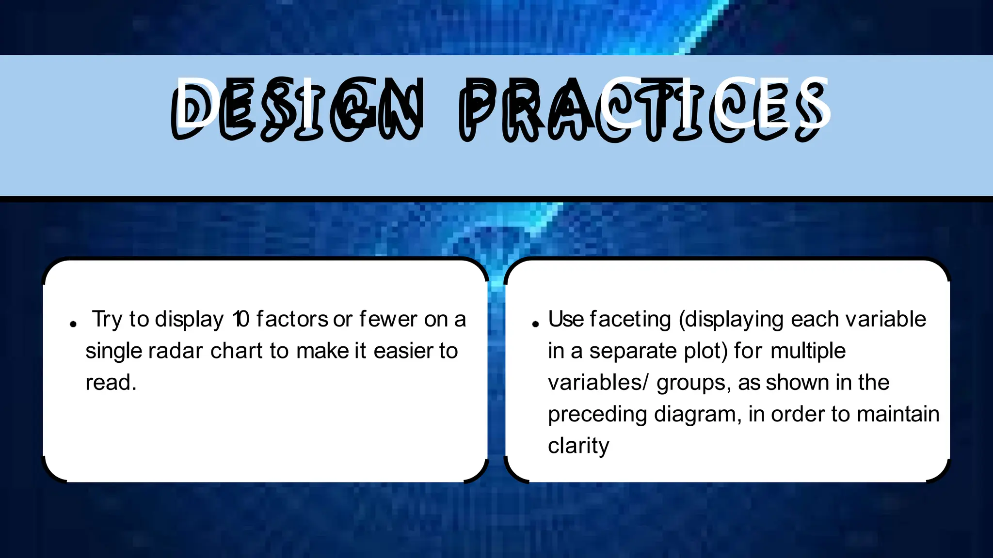 DESI GN PRACTI CES
Use faceting (displaying each variable
in a separate plot) for multiple
variables/ groups, as shown in the
preceding diagram, in order to maintain
clarity
Try to display 1
0 factors or fewer on a
single radar chart to make it easier to
read.
 