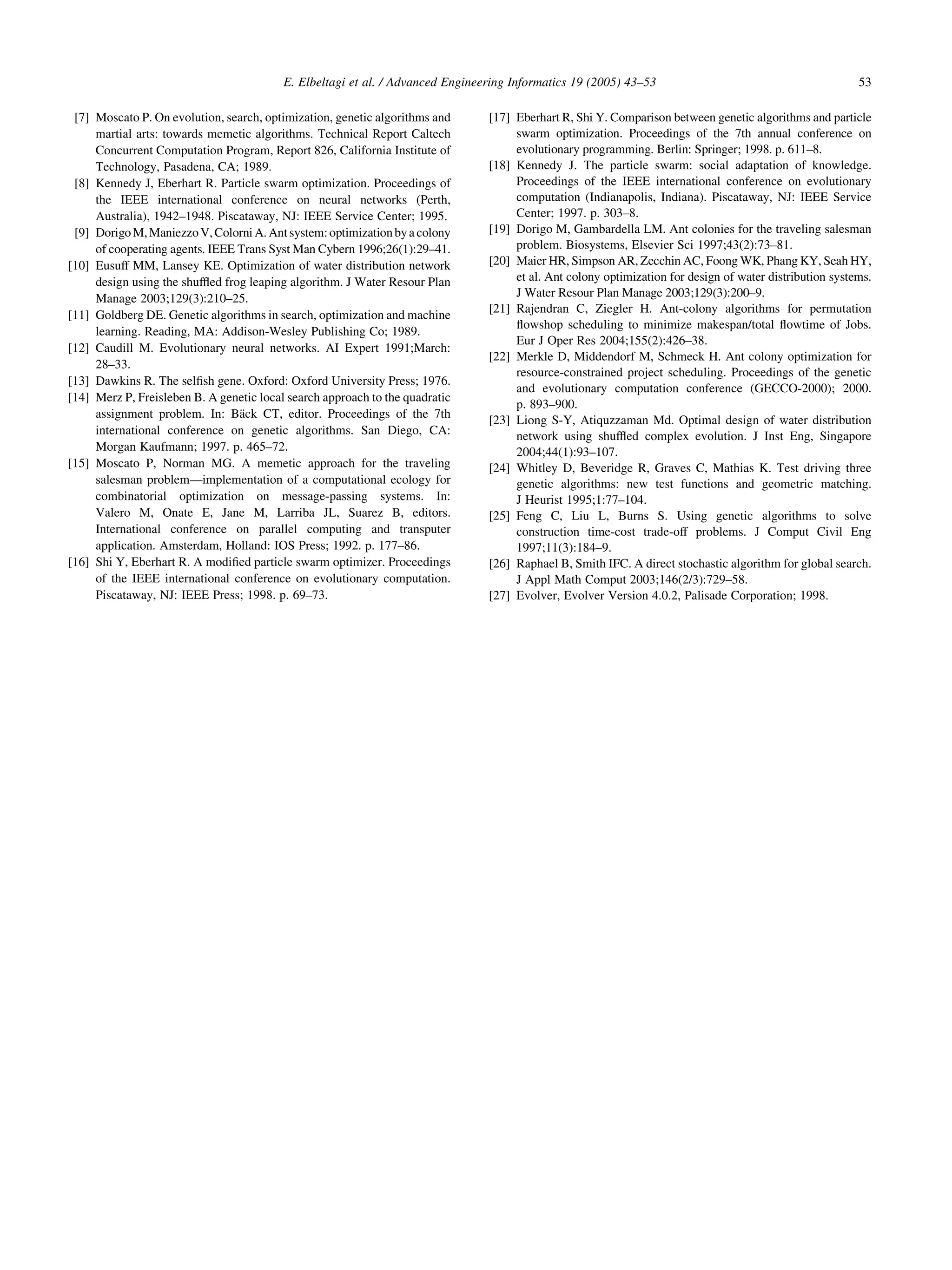 [7] Moscato P. On evolution, search, optimization, genetic algorithms and
martial arts: towards memetic algorithms. Technical Report Caltech
Concurrent Computation Program, Report 826, California Institute of
Technology, Pasadena, CA; 1989.
[8] Kennedy J, Eberhart R. Particle swarm optimization. Proceedings of
the IEEE international conference on neural networks (Perth,
Australia), 1942–1948. Piscataway, NJ: IEEE Service Center; 1995.
[9] DorigoM,ManiezzoV,ColorniA.Antsystem:optimizationbya colony
of cooperating agents. IEEE Trans Syst Man Cybern 1996;26(1):29–41.
[10] Eusuff MM, Lansey KE. Optimization of water distribution network
design using the shufﬂed frog leaping algorithm. J Water Resour Plan
Manage 2003;129(3):210–25.
[11] Goldberg DE. Genetic algorithms in search, optimization and machine
learning. Reading, MA: Addison-Wesley Publishing Co; 1989.
[12] Caudill M. Evolutionary neural networks. AI Expert 1991;March:
28–33.
[13] Dawkins R. The selﬁsh gene. Oxford: Oxford University Press; 1976.
[14] Merz P, Freisleben B. A genetic local search approach to the quadratic
assignment problem. In: Ba¨ck CT, editor. Proceedings of the 7th
international conference on genetic algorithms. San Diego, CA:
Morgan Kaufmann; 1997. p. 465–72.
[15] Moscato P, Norman MG. A memetic approach for the traveling
salesman problem—implementation of a computational ecology for
combinatorial optimization on message-passing systems. In:
Valero M, Onate E, Jane M, Larriba JL, Suarez B, editors.
International conference on parallel computing and transputer
application. Amsterdam, Holland: IOS Press; 1992. p. 177–86.
[16] Shi Y, Eberhart R. A modiﬁed particle swarm optimizer. Proceedings
of the IEEE international conference on evolutionary computation.
Piscataway, NJ: IEEE Press; 1998. p. 69–73.
[17] Eberhart R, Shi Y. Comparison between genetic algorithms and particle
swarm optimization. Proceedings of the 7th annual conference on
evolutionary programming. Berlin: Springer; 1998. p. 611–8.
[18] Kennedy J. The particle swarm: social adaptation of knowledge.
Proceedings of the IEEE international conference on evolutionary
computation (Indianapolis, Indiana). Piscataway, NJ: IEEE Service
Center; 1997. p. 303–8.
[19] Dorigo M, Gambardella LM. Ant colonies for the traveling salesman
problem. Biosystems, Elsevier Sci 1997;43(2):73–81.
[20] Maier HR, Simpson AR, Zecchin AC, Foong WK, Phang KY, Seah HY,
et al. Ant colony optimization for design of water distribution systems.
J Water Resour Plan Manage 2003;129(3):200–9.
[21] Rajendran C, Ziegler H. Ant-colony algorithms for permutation
ﬂowshop scheduling to minimize makespan/total ﬂowtime of Jobs.
Eur J Oper Res 2004;155(2):426–38.
[22] Merkle D, Middendorf M, Schmeck H. Ant colony optimization for
resource-constrained project scheduling. Proceedings of the genetic
and evolutionary computation conference (GECCO-2000); 2000.
p. 893–900.
[23] Liong S-Y, Atiquzzaman Md. Optimal design of water distribution
network using shufﬂed complex evolution. J Inst Eng, Singapore
2004;44(1):93–107.
[24] Whitley D, Beveridge R, Graves C, Mathias K. Test driving three
genetic algorithms: new test functions and geometric matching.
J Heurist 1995;1:77–104.
[25] Feng C, Liu L, Burns S. Using genetic algorithms to solve
construction time-cost trade-off problems. J Comput Civil Eng
1997;11(3):184–9.
[26] Raphael B, Smith IFC. A direct stochastic algorithm for global search.
J Appl Math Comput 2003;146(2/3):729–58.
[27] Evolver, Evolver Version 4.0.2, Palisade Corporation; 1998.
E. Elbeltagi et al. / Advanced Engineering Informatics 19 (2005) 43–53 53
 