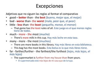 Excepciones
Adjetivos que no siguen las reglas al formar el comparativo
• good – better than - the best (bueno, mejor que, el mejor)
• bad - worse than- the worst (malo, peor que, el peor)
• little - less than- the least (pequeño, menor, el menor)
– That game has the least rules of all. Este juego es el que menos reglas
tiene de todos.

• much - more - the most (mucho)
– There’s more milk in this cup. Hay más leche en esta taza.

• many - more - the most (muchos)
– There are more books in this library. Hay más libros en esta biblioteca.
– This bag has the most books. Esta bolsa es la que más libros tiene.

• far - farther/further - the farthest/the furthest (lejos, más lejos, el
más lejos)
– The supermarket is further from my house than from yours.
• El supermercado está más lejos de mi casa que de la tuya.

 
