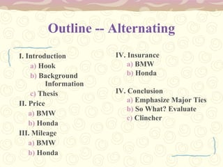 Outline -- Alternating
I. Introduction
a) Hook
b) Background
Information
c) Thesis
II. Price
a) BMW
b) Honda
III. Mileage
a) BMW
b) Honda
IV. Insurance
a) BMW
b) Honda
IV. Conclusion
a) Emphasize Major Ties
b) So What? Evaluate
c) Clincher
 