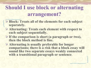 Should I use block or alternating
arrangement?
Block: Treats all of the elements for each subject
separately.
Alternating: Treats each element with respect to
each subject sequentially.
If the comparison is short (a paragraph or two),
then the block method is fine.
Alternating is usually preferable for longer
comparisons; there is a risk that a block essay will
sound like two separate essays weakly connected
with a transitional paragraph or sentence.
 