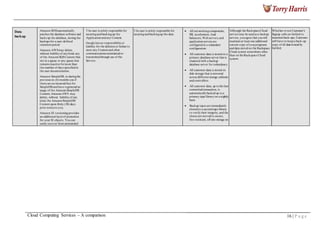 Data
backup
Amazon RDSautomatically
patches the database software and
backs up the database, storing the
backups for a user-defined
retention period
Amazon AWSmay delete,
without liabilityof anykind, any
of the Amazon SQSContent that
sits in a queue or any queue that
remainsinactive formore than
t he number of days specified in
the user documentation.
Amazon SimpleDB, in duringthe
previous six (6) months you if
t here are no incurred fees for
SimpleDB and have registered no
usage of the Amazon SimpleDB
Content,Amazon AWS may
delete, without liability of any
kind, the Amazon SimpleDB
Content upon thirty (30) days
prior noticeto you.
Amazon S3 versioningprovides
an additional layerof protection
for your S3 objects. You can
easily recover from unintended
T he user is solely responsible for
securingand backingup the
Application and any Content.
Google has no responsibilityor
liability for the deletion or failure to
store any Content and other
communicationsmaintained or
transmitted through use of the
Service.
T he user is solely responsible for
securingand backingup the data.
All networkingcomponents,
SSL accelerators, load
balancers, Web servers,and
application servers are
configuredin a redundant
configuration.
All customer data is stored on a
primary database server that is
clustered with a backup
database server for redundancy
All customer data is stored on
disk storage that is mirrored
across different storage cabinets
and controllers
All customer data, up to the last
committed transaction, is
automaticallybacked up toa
primary tape library on a nightly
basis
Backup tapes are immediately
clonedto a second tape library
t o verifytheir integrity,and the
clones are moved to secure,
fire-resistant, off-site storage on
Although the RackspaceCloud
service may be used as a backup
service, you agree that you will
maintain at least one additional
current copy of yourprograms
and data stored on the Rackspace
Cloud system somewhere other
than on theRackspace Cloud
system.
Whether ornot Customer's
Signup calls on GoGrid to
maintainback-ups, Customer
will have to keep a back-up
copy of all data hosted by
GoGrid.
Cloud Computing Services – A comparison 16 | P a g e
 