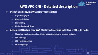 AWS VPC CNI - Detailed description
● Plugin used only in AWS deployments oﬀers
○ High throughput
○ High availability
○ Low latency
○ Minimal network jitter
● Allocates/Attaches new AWS Elastic Networking Interfaces (ENIs) to nodes
○ There is a maximum number of interfaces attachable to running instance
○ VPC flow logs
○ VPC routing policies
○ security groups
19
 