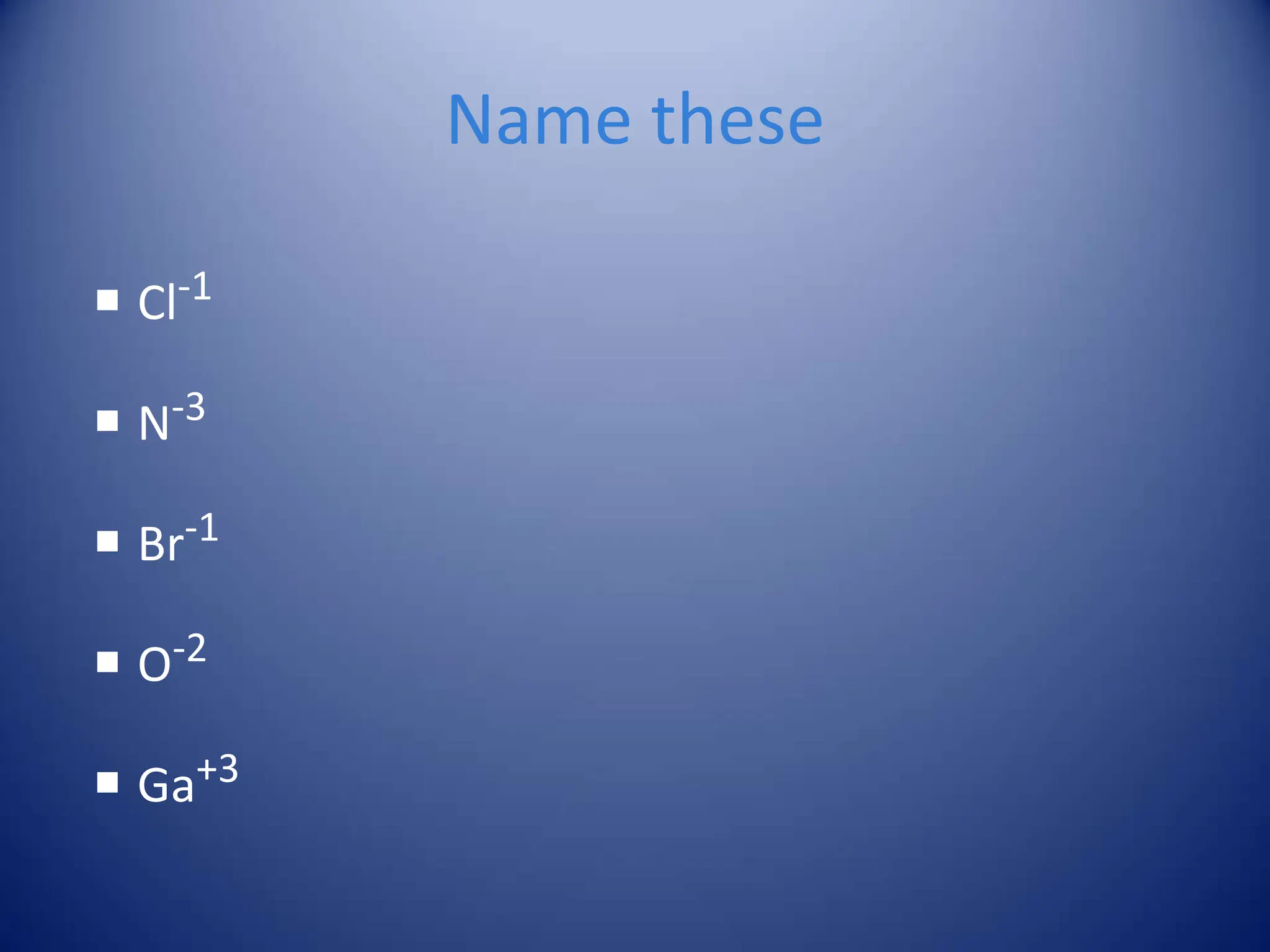 Name these
 Cl-1
 N-3
 Br-1
 O-2
 Ga+3
 