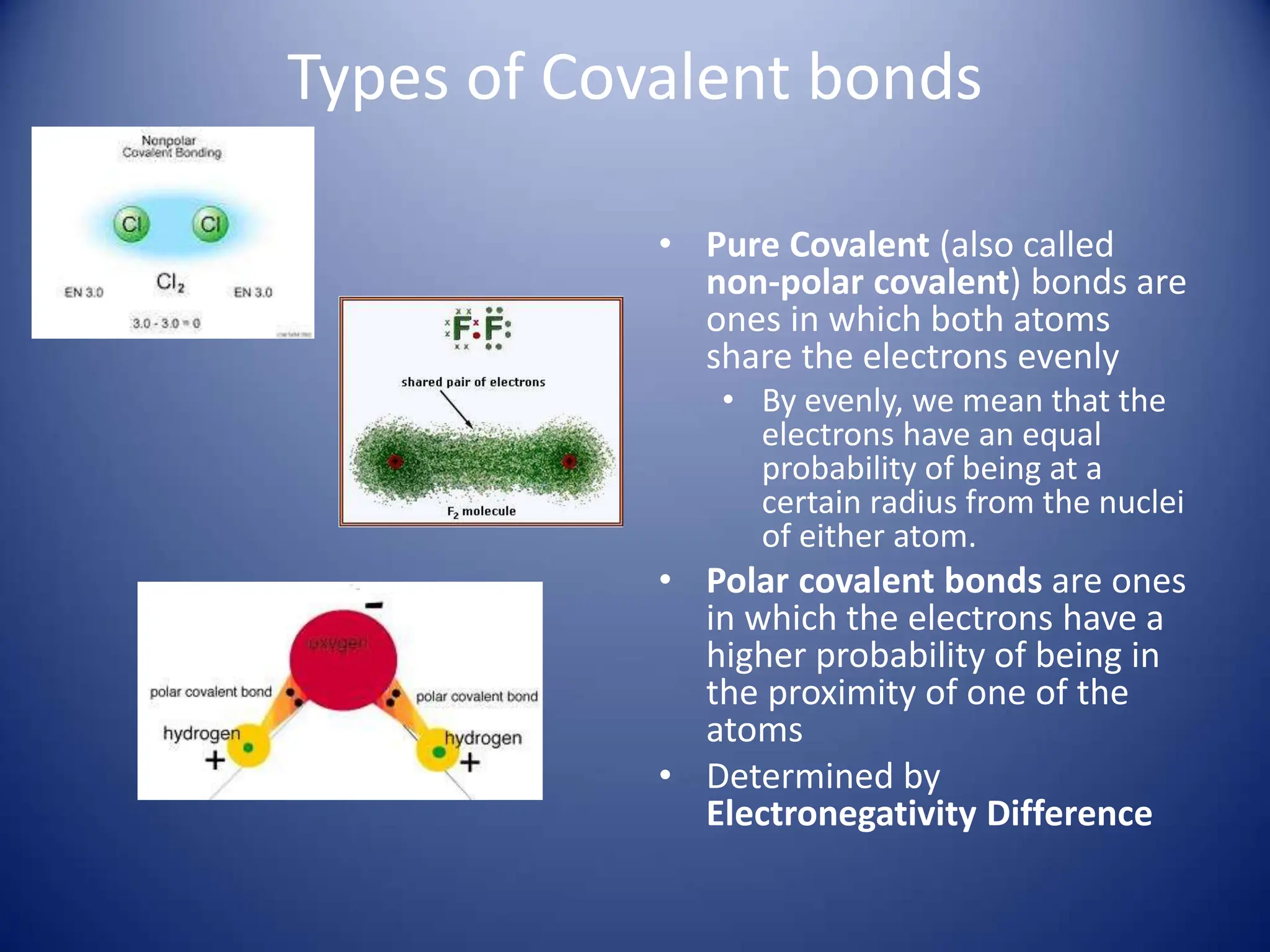Types of Covalent bonds
• Pure Covalent (also called
non-polar covalent) bonds are
ones in which both atoms
share the electrons evenly
• By evenly, we mean that the
electrons have an equal
probability of being at a
certain radius from the nuclei
of either atom.
• Polar covalent bonds are ones
in which the electrons have a
higher probability of being in
the proximity of one of the
atoms
• Determined by
Electronegativity Difference
 