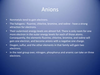 Anions
• Nonmetals tend to gain electrons.
• The halogens - fluorine, chlorine, bromine, and iodine - have a strong
attraction for electrons.
• Their outermost energy levels are almost full. There is only room for one
more electron in the outer energy levels for each of those atoms.
Consequently, the elements fluorine, chlorine, bromine, and iodine will
gain one electron, and become anions with a negative one charge.
• Oxygen, sulfur, and the other elements in that family will gain two
electrons.
• In the next group over, nitrogen, phosphorus and arsenic can take on three
electrons.
 