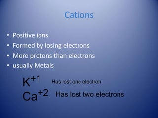 K+1
Ca+2 Has lost two electrons
Cations
• Positive ions
• Formed by losing electrons
• More protons than electrons
• usually Metals
Has lost one electron
 