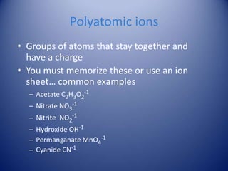 Polyatomic ions
• Groups of atoms that stay together and
have a charge
• You must memorize these or use an ion
sheet… common examples
– Acetate C2H3O2
-1
– Nitrate NO3
-1
– Nitrite NO2
-1
– Hydroxide OH-1
– Permanganate MnO4
-1
– Cyanide CN-1
 