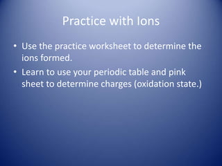 Practice with Ions
• Use the practice worksheet to determine the
ions formed.
• Learn to use your periodic table and pink
sheet to determine charges (oxidation state.)
 
