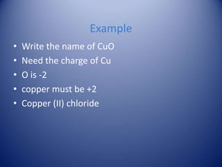 Example
• Write the name of CuO
• Need the charge of Cu
• O is -2
• copper must be +2
• Copper (II) chloride
 