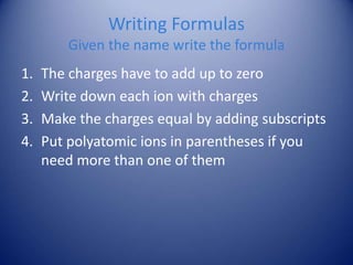 Writing Formulas
Given the name write the formula
1. The charges have to add up to zero
2. Write down each ion with charges
3. Make the charges equal by adding subscripts
4. Put polyatomic ions in parentheses if you
need more than one of them
 