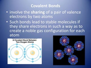 Covalent Bonds
• involve the sharing of a pair of valence
electrons by two atoms
• Such bonds lead to stable molecules if
they share electrons in such a way as to
create a noble gas configuration for each
atom
 