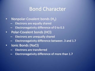 Bond Character
• Nonpolar-Covalent bonds (H2)
– Electrons are equally shared
– Electronegativity difference of 0 to 0.3
• Polar-Covalent bonds (HCl)
– Electrons are unequally shared
– Electronegativity difference between .3 and 1.7
• Ionic Bonds (NaCl)
– Electrons are transferred
– Electronegativity difference of more than 1.7
 