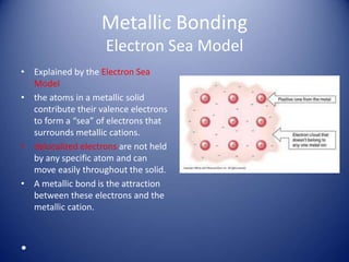 Metallic Bonding
Electron Sea Model
• Explained by the Electron Sea
Model
• the atoms in a metallic solid
contribute their valence electrons
to form a “sea” of electrons that
surrounds metallic cations.
• delocalized electrons are not held
by any specific atom and can
move easily throughout the solid.
• A metallic bond is the attraction
between these electrons and the
metallic cation.
•
 