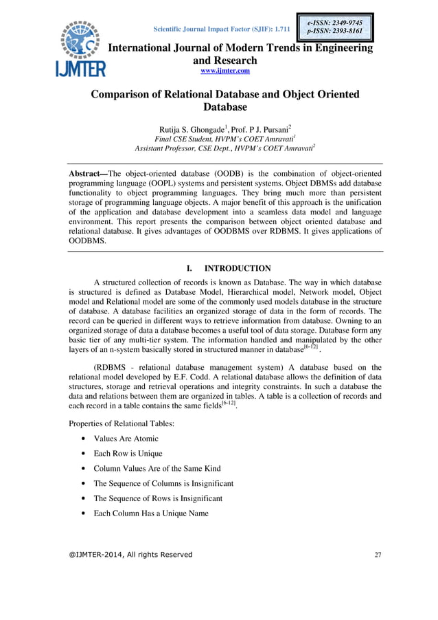 Comparison of Relational Database and Object Oriented Database | PDF