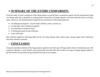 10
Biomass Conversion Research Centre [Comparison of the biogas Plants]
• SUMMARY OF THE ENTIRE COMPARISON.
From the study of entire comparison of the biogas plants we got the basic construction aspects and the experimental setup
of a biogas plant that is generally an underground construction of a biogas digester with local materials such a as bricks,
sand, cement etc. the instrumentation needed for the construction of the biogas plant are;
• An underground digester – may be made of bricks, stones, concrete etc
• An inlet pipe with a substrate receptacle,
• An outlet pipe of exhauster slurry,
• A floating gas dome for gas collection,
• A gas outlet pipe
Raw material supplied to the biogas plant can be cow dung ,human waste, wheat crops, sewage, paper waste, field grass
and other cellulosic materials.
• CONCLUSION
Using the described methods of the biogas plants operation the third type of biogas plant which is fixed dome type with
expansion chamber is more feasible and economically favorable than that of other two types of biogas digester palnts to
get the benefits of renewable energy produced from gas at our campus.
 