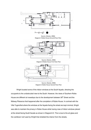 Wright located some of the ribbon windows at the South façade, directing the
occupants to the unobstructed view to the South. However, the views of Southern Robie
House are different at nowadays due to the development between 58th
Street and the
Midway Plaisance that happened after the completion of Robie House. In contrast with the
Villa Tugendhat where the windows at the façade facing the street are kept minimal, Wright
was able to maintain the privacy in Robie House while having rows of ribbon windows placed
at the street-facing South facade as shown in Diagram3-5. This is due to the art glass and
the cantilever roof used by Wright that shielded the interior from the streets.
Source: (Davies, 2006)
Diagram 3 Robie House Ground Floor Plan
Source: (Davies, 2006)
Diagram 5 Robie House Second Floor Plan
Source: (Davies, 2006)
Diagram 4 Robie House First Floor Plan
 
