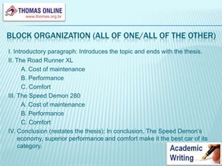 ComfortPoint – by – pointI. Introductory paragraph: Introduces the topic and ends with the thesis.II. Cost of maintenanceThe Road Runner XLThe Speed Demon 280III. PerformanceThe Road Runner XLThe Speed Demon 280IV. ComfortA. The Road Runner XLB. The Speed Demon 280V. Conclusion (restates the thesis): In conclusion, the Speed Demon’s economy, superior performance and comfort make it the best car of its category. 