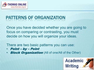 patterns OF ORGANIZATIONOnce you have decided whether you are going to focus on comparing or contrasting, you must decide on how you will organize your ideas.There are two basic patterns you can use:Point – by – Point