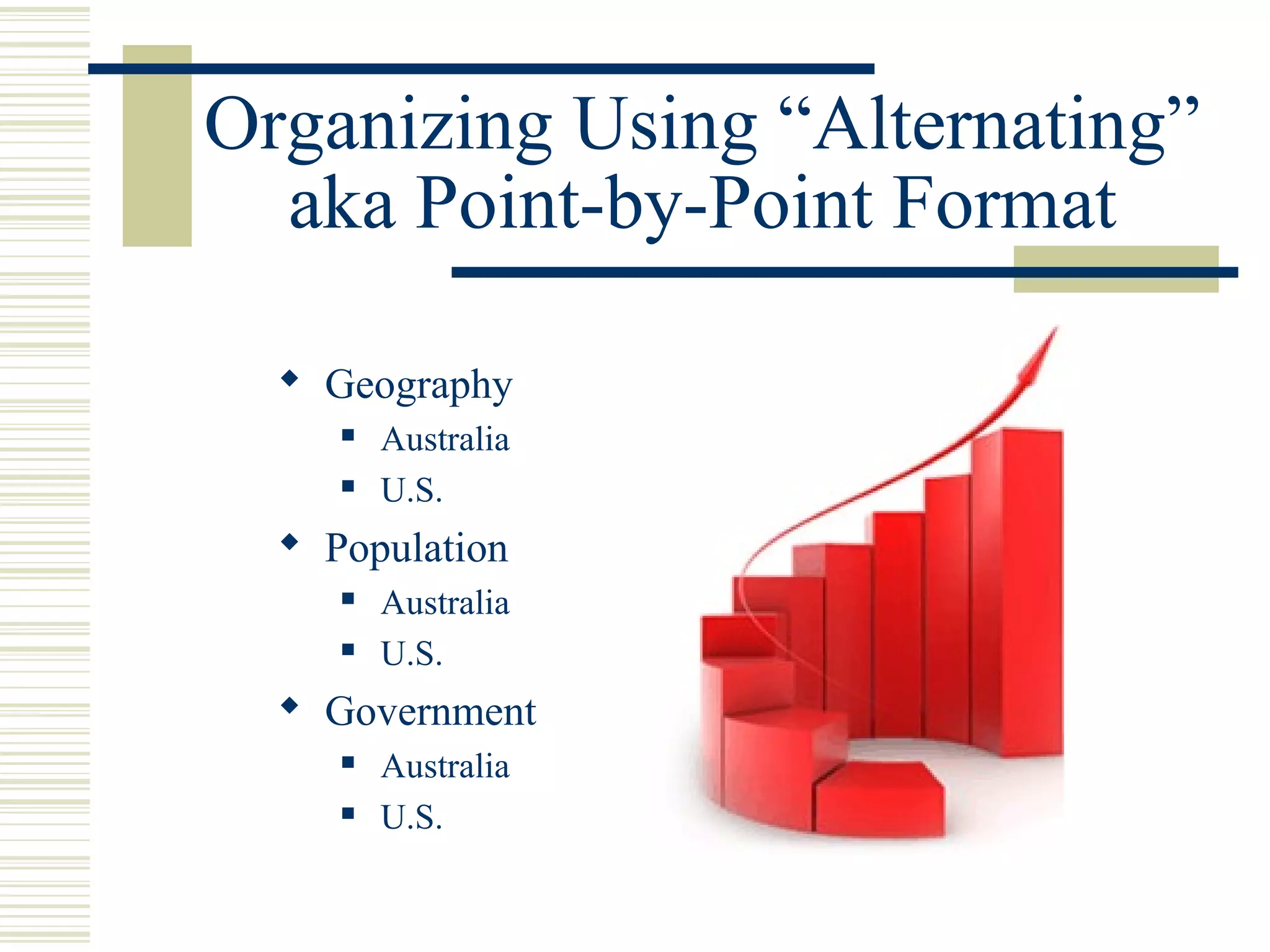 Organizing Using “Alternating”
aka Point-by-Point Format
 Geography
 Australia
 U.S.
 Population
 Australia
 U.S.
 Government
 Australia
 U.S.
 