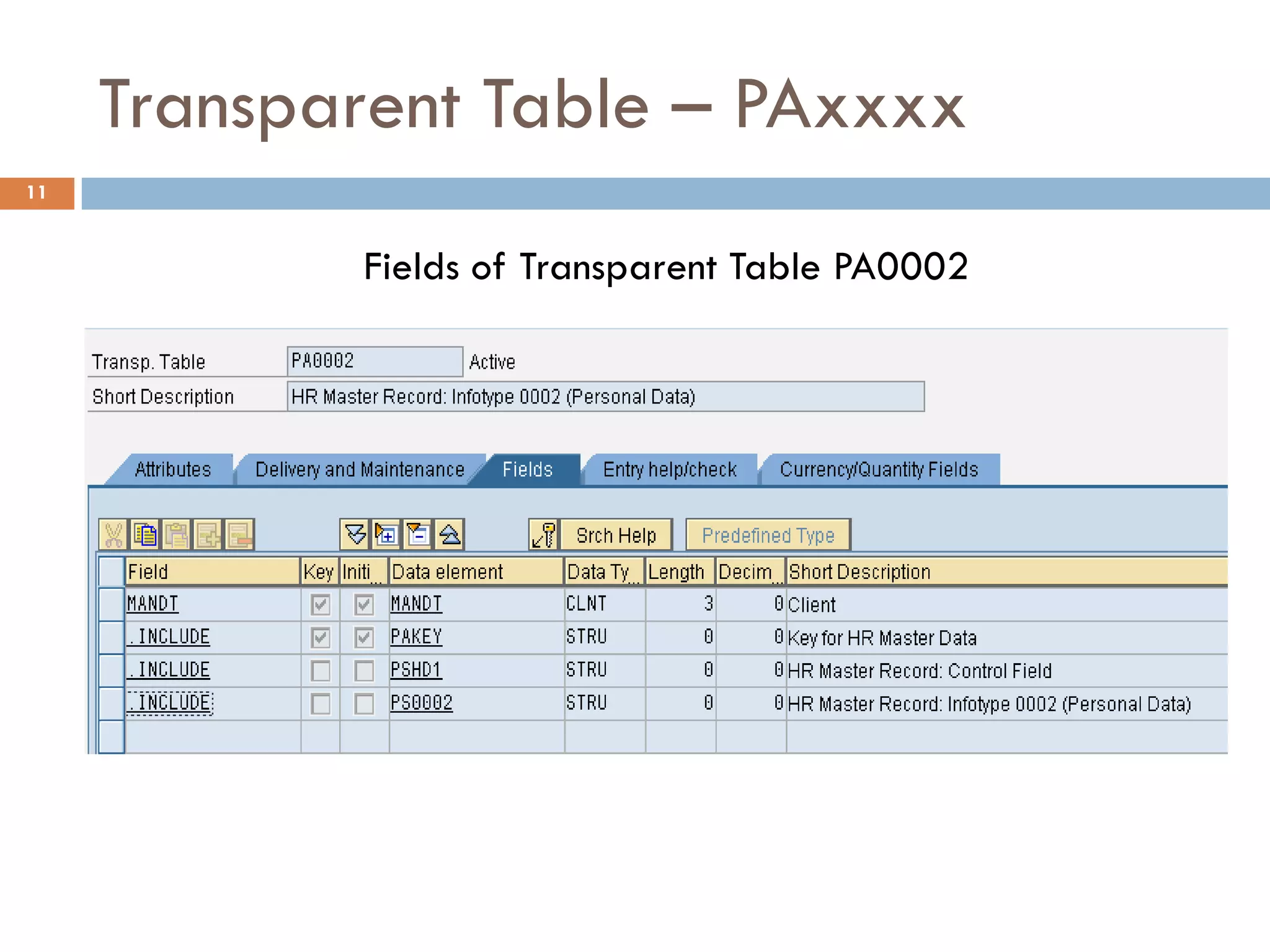 Transparent Table – PAxxxx
11


            Fields of Transparent Table PA0002
 
