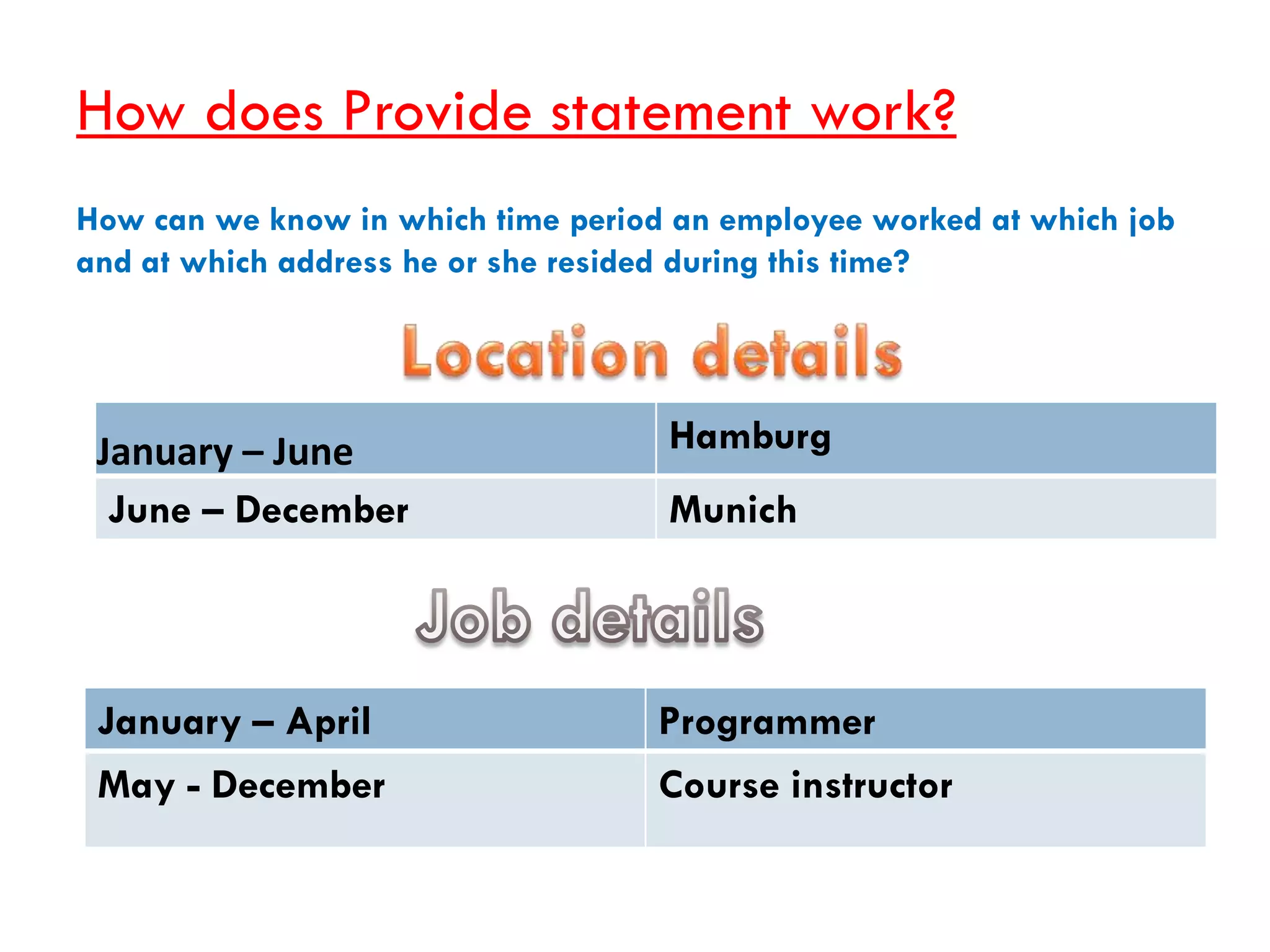 How does Provide statement work?
How can we know in which time period an employee worked at which job
and at which address he or she resided during this time?




 January – June                     Hamburg
  June – December                   Munich




 January – April                    Programmer
 May - December                     Course instructor
 