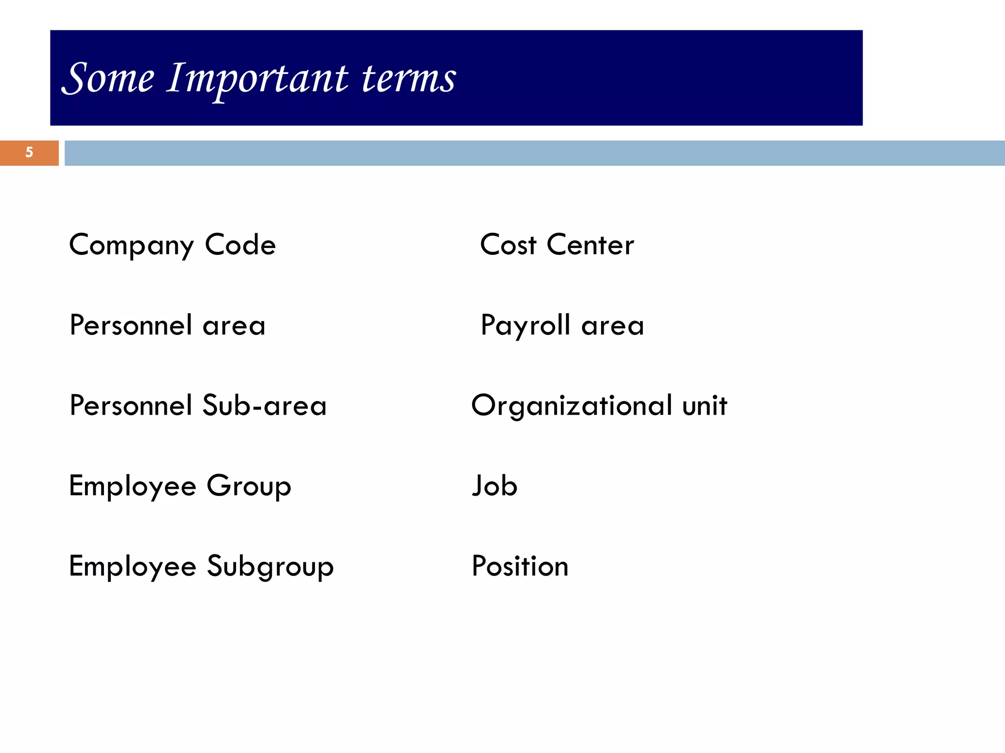 Some Important terms
5




    Company Code           Cost Center

    Personnel area         Payroll area

    Personnel Sub-area     Organizational unit

    Employee Group         Job

    Employee Subgroup      Position
 