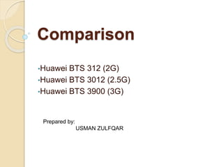 Comparison
•Huawei BTS 312 (2G)
•Huawei BTS 3012 (2.5G)
•Huawei BTS 3900 (3G)
Prepared by:
USMAN ZULFQAR
 