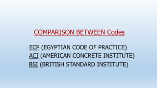 COMPARISON BETWEEN Codes
ECP (EGYPTIAN CODE OF PRACTICE)
BSI (BRITISH STANDARD INSTITUTE)
ACI (AMERICAN CONCRETE INSTITUTE)
 