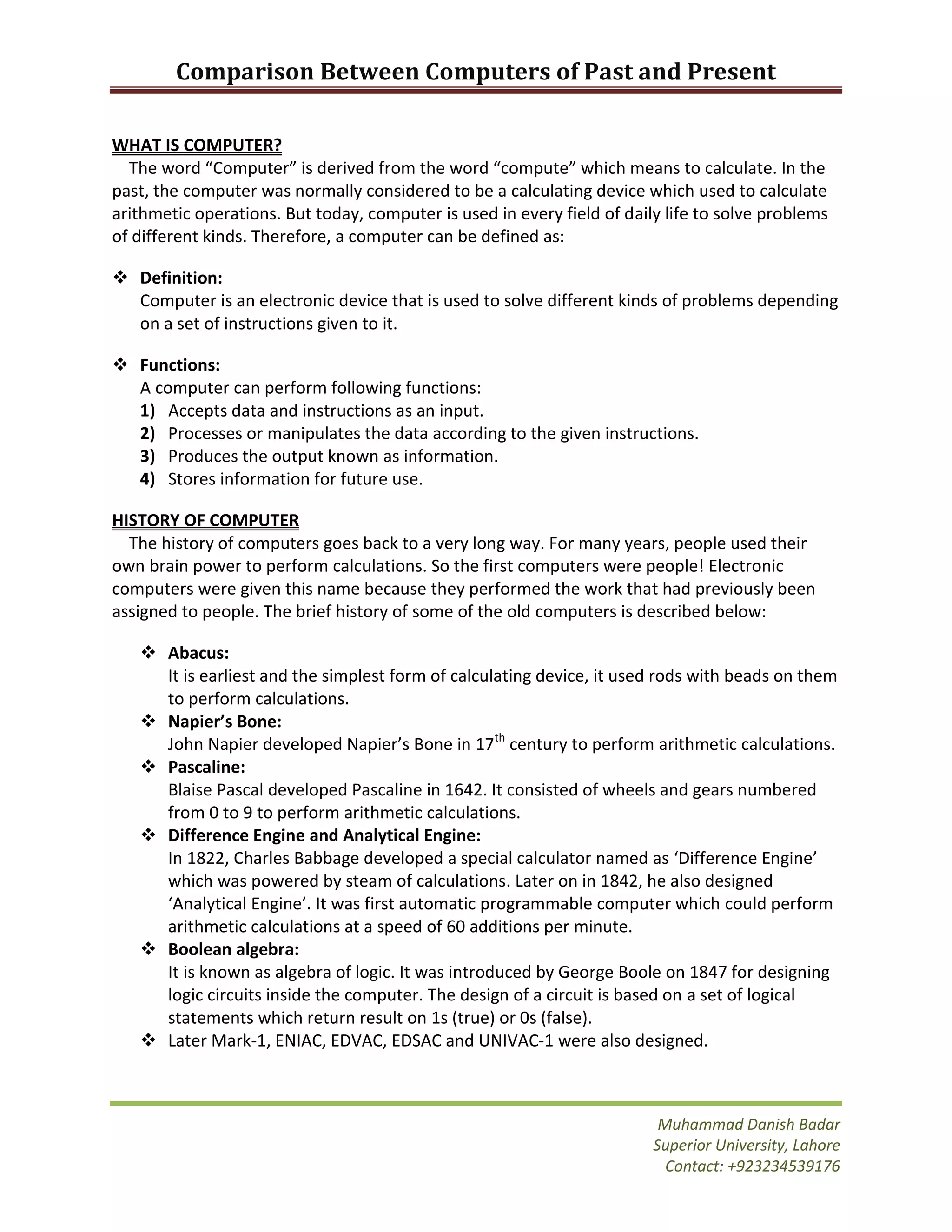 Comparison between computers of past and present | DOCX