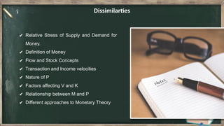 Dissimilarties
✔ Relative Stress of Supply and Demand for
Money.
✔ Definition of Money
✔ Flow and Stock Concepts
✔ Transaction and Income velocities
✔ Nature of P
✔ Factors affecting V and K
✔ Relationship between M and P
✔ Different approaches to Monetary Theory
 