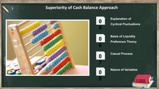 Superiority of Cash Balance Approach
Explanation of
Cyclical Fluctuations
0
5
Basis of Liquidity
Preference Theory
0
6
Casual Process
0
7
Nature of Variables
0
8
 