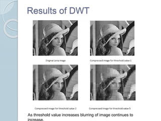 Results of DWT
As threshold value increases blurring of image continues to
 