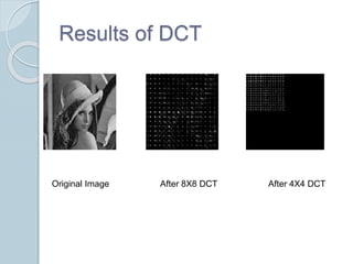 Results of DCT
Original Image After 8X8 DCT After 4X4 DCT
 