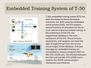 Embedded Training System of T-50
2016/8/14 22
T-50's embedded training system (ETS) has
been developed by Korea Aerospace
Industries, Ltd. (KAI) using the embedded
virtual avionics (EVA). KAI ETS contains
several functions of simulation for the air-
to-air and air-to-ground combat training. In
the architecture of KAI ETS, the
target/threat database is the main
component of the ETS. Virtual sensors,
equipments, and weapons can share the
data of target/threat from one source,
virtual target/ threat database. EVA data
messages for embedded training are
transmitted to mission computer (MC) via
MIL-STD-1553B card. The interface between
the EVA card and MIL-STD-1553B card is
used for the TCP/IP communication
mechanism over Ethernet.
 