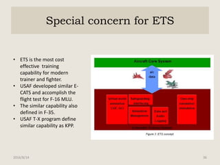 Special concern for ETS
2016/8/14 36
• ETS is the most cost
effective training
capability for modern
trainer and fighter.
• USAF developed similar E-
CATS and accomplish the
flight test for F-16 MLU.
• The similar capability also
defined in F-35.
• USAF T-X program define
similar capability as KPP.
 