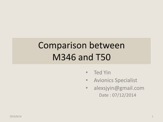 Comparison between
M346 and T50
• Ted Yin
• Avionics Specialist
• alexsjyin@gmail.com
Date : 07/12/2014
2016/8/14 1
 