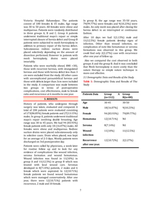 7
Victoria Hospital Bahawalpur. The patients
consist of 180 females & 35 males. Age range
was 30 to 50 years. All females were obese and
multiparous. Patients were randomly distributed
in three groups A, B and C. Group A patients
underwent traditional mayo’s repair or simple
interrupted closure of hernia defect and Group B
patients were subjected to mesh hernioplasty in
addition to primary repair of the hernia defect.
Subcutaneous redivec suction drains were
placed selectively depending on the amount of
dissection performed. However in patients with
mesh hernioplasty, drains were placed
invariably.
Patients who were morbidly obese( BMI >30),
those with recurrent hernias, with strangulated
hernias and those with hernia defect less than 3
cm were excluded from the study. All other cases
with uncomplicated paraumbilical hernias and
those with defects larger than 3cm were included
in the study. A comparison was made between
two groups in terms of post-operative
complications, cost effectiveness, male to female
ratio and recurrence at 6 months to one year.
3. RESULTS
History of patients, who undergone through
surgery was taken, evaluated and compared. A
total of 200 patients were evaluated consisting
of 173(86.85%) female patients and 27(13.15%)
males. In group A, patients underwent traditional
mayo’s repair involving double breasting. Age
range was 30 to 45 years. We had 94 (83.93%)
female patients with only 18 (16.07%) males. All
females were obese and multiparous. Redivec
suction drains were placed subcutaneously only
in selective cases. Drain when placed, was kept
for an average of 2-3 days. Mostly patients were
discharged on 3rd postoperative day.
Patients were called by physicians, a week later
for routine follow up and to look for any
evidence of complications like wound infection,
seroma formation and wound hematomas.
Wound infection was found in 11(10%) in
group A and 11(12.5%) in group B which was
treated with local wound care. Seromas
developed in 8(7.14%) patients, 2 males and 6
female which were aspirated. In 12(10.71%)
female patients we found wound hematomas
which were managed conservatively. After one
year, there were 12(10.71%) patients with
recurrence, 2 male and 10 female.
In group B, the age range was 35-50 years.
79(99.77%) were females and 9(10.23%) were
males. An only mesh was placed after closing the
hernia defect in an interrupted or continuous
fashion.
After 10 days we had 1(1.13%) male and
11(12.5%) female patients develop signs of
infection. Other than wound infection, no
complication of note like hematomas or seroma
formations was observed in this group. We
could find only 2(2.27%) case with recurrence
after one year of follow up.
Also we compared the cost observed in both
groups A and the group B. And it was concluded
that Mesh hernioplasty is more costly than the
suture therapy so simple suture technique is
more cost effective.
3.1 Demographic Data and Results of the Study
Table 1: Demographic Data and Results of The
Study
Patients Data Group A
(n=112)
Group
B(n=88)
Age 30-45 30-50
Male 18(16.07%) 9(10.23%)
Female 94 (83.93%) 79(89.77%)
Hematoma 12(10.71%) Nil
Seroma 8(7.14%) Nil
Wound
infection
11(10%) 11(12.5%)
Recurrence
after one year.
12(10.72%) 2(2.27%)
 