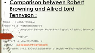 • Comparison between Robert
Browning and Alfred Lord
Tennyson :
• Name : Gohil Jyotiba M.
• Paper No : 6 Victorian Literat...