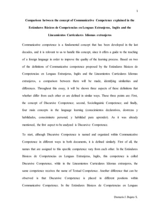 1
Damaris J. Bujato S.
Comparison between the concept of Communicative Competence explained in the
Estándares Básicos de Competencias en Lenguas Extranjeras, Inglés and the
Lineamientos Curriculares Idiomas extranjeros
Communicative competence is a fundamental concept that has been developed in the last
decades, and it is relevant to us to handle this concept, since it offers a guide to the teaching
of a foreign language in order to improve the quality of the learning process. Based on two
of the definitions of Communicative competence proposed by the Estándares Básicos de
Competencias en Lenguas Extranjeras, Inglés and the Lineamientos Curriculares Idiomas
extranjeros, a comparison between them will be made, identifying similarities and
differences. Throughout this essay, it will be shown three aspects of these definitions that
whether differ from each other or are defined in similar ways. These three points are: First,
the concept of Discursive Competence; second, Sociolinguistic Competence; and finally,
four main concepts in the language learning (conocimientos declarativos, destrezas y
habilidades, conocimineto personal, y habilidad para aprender). As it was already
mentioned, the first aspect to be analyzed is Discursive Competence.
To start, although Discursive Competence is named and organized within Communicative
Competence in different ways in both documents, it is defined similarly. First of all, the
names that are assigned to this specific competence vary from each other. In the Estándares
Básicos de Competencias en Lenguas Extranjeras, Inglés, this competence is called
Discursive Competence, while in the Lineamientos Curriculares Idiomas extranjeros, the
same competence receives the name of Textual Competence. Another difference that can be
observed is that Discursive Competence is placed in different positions within
Communicative Competence. In the Estándares Básicos de Competencias en Lenguas
 