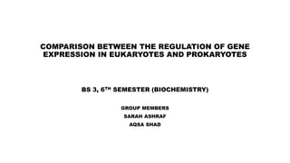 COMPARISON BETWEEN THE REGULATION OF GENE
EXPRESSION IN EUKARYOTES AND PROKARYOTES
BS 3, 6TH SEMESTER (BIOCHEMISTRY)
GROUP MEMBERS
SARAH ASHRAF
AQSA SHAD
 