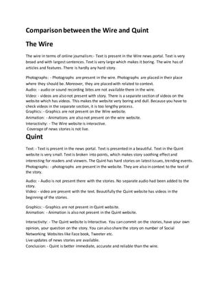 Comparisonbetween the Wire and Quint
The Wire
The wire in terms of online journalism:- Text is present in the Wire news portal. Text is very
broad and with largest sentences. Text is very large which makes it boring. The wire has of
articles and features. There is hardly any hard story.
Photographs: - Photographs are present in the wire. Photographs are placed in their place
where they should be. Moreover, they are placed with related to context.
Audio: - audio or sound recording bites are not available there in the wire.
Video: - videos are also not present with story. There is a separate section of videos on the
website which has videos. This makes the website very boring and dull. Because you have to
check videos in the separate section, it is too lengthy process.
Graphics: - Graphics are not present on the Wire website.
Animation: - Animations are also not present on the wire website.
Interactivity: - The Wire website is interactive.
Coverage of news stories is not live.
Quint
Text: - Text is present in the news portal. Text is presented in a beautiful. Text in the Quint
website is very small. Text is broken into points, which makes story soothing effect and
interesting for readers and viewers. The Quint has hard stories on latest issues, trending events.
Photographs: - photographs are present in the website. They are also in context to the text of
the story.
Audio: - Audio is not present there with the stories. No separate audio had been added to the
story.
Video: - video are present with the text. Beautifully the Quint website has videos in the
beginning of the stories.
Graphics: - Graphics are not present in Quint website.
Animation: - Animation is also not present in the Quint website.
Interactivity: - The Quint website is Interactive. You can commit on the stories, have your own
opinion, your question on the story. You can also share the story on number of Social
Networking Websites like Face book, Tweeter etc.
Live updates of news stories are available.
Conclusion: - Quint is better immediate, accurate and reliable than the wire.
 