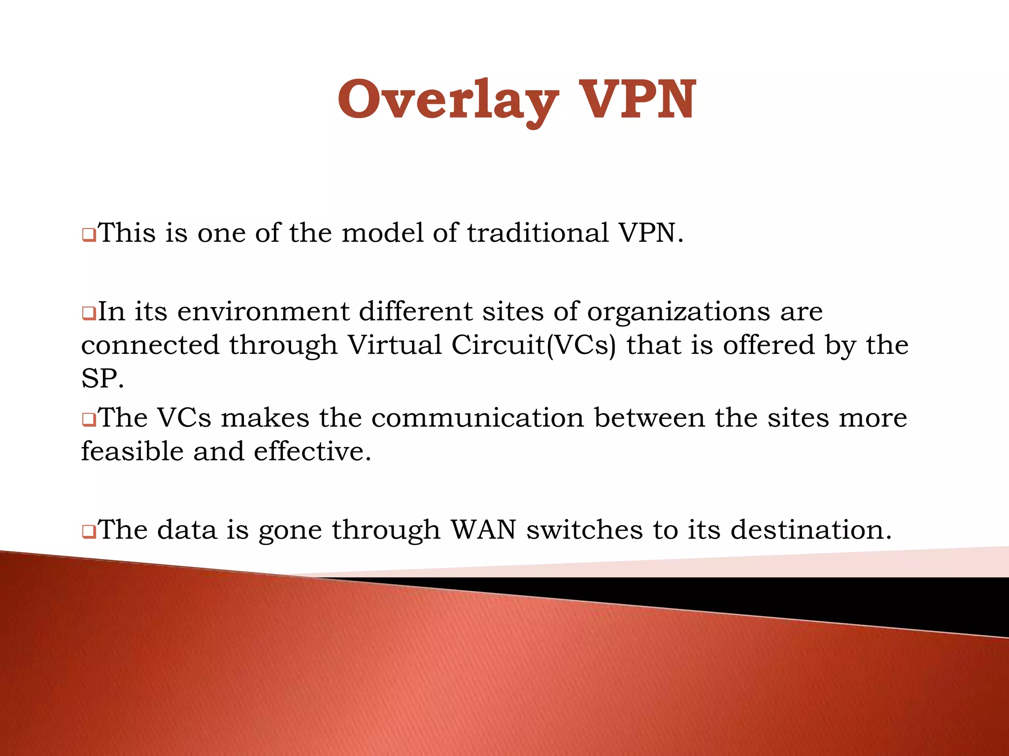 This is one of the model of traditional VPN.
In its environment different sites of organizations are
connected through Virtual Circuit(VCs) that is offered by the
SP.
The VCs makes the communication between the sites more
feasible and effective.
The data is gone through WAN switches to its destination.
Overlay VPN
 